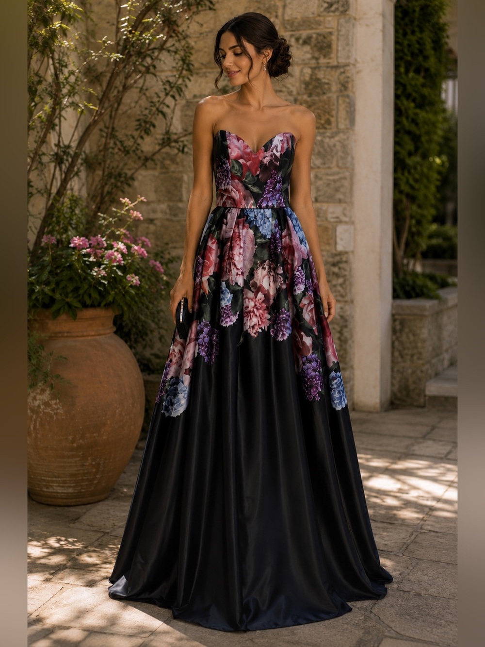 My Michelle Strapless Floral Ball Gown Formal Prom Dress Black Multi Size 11